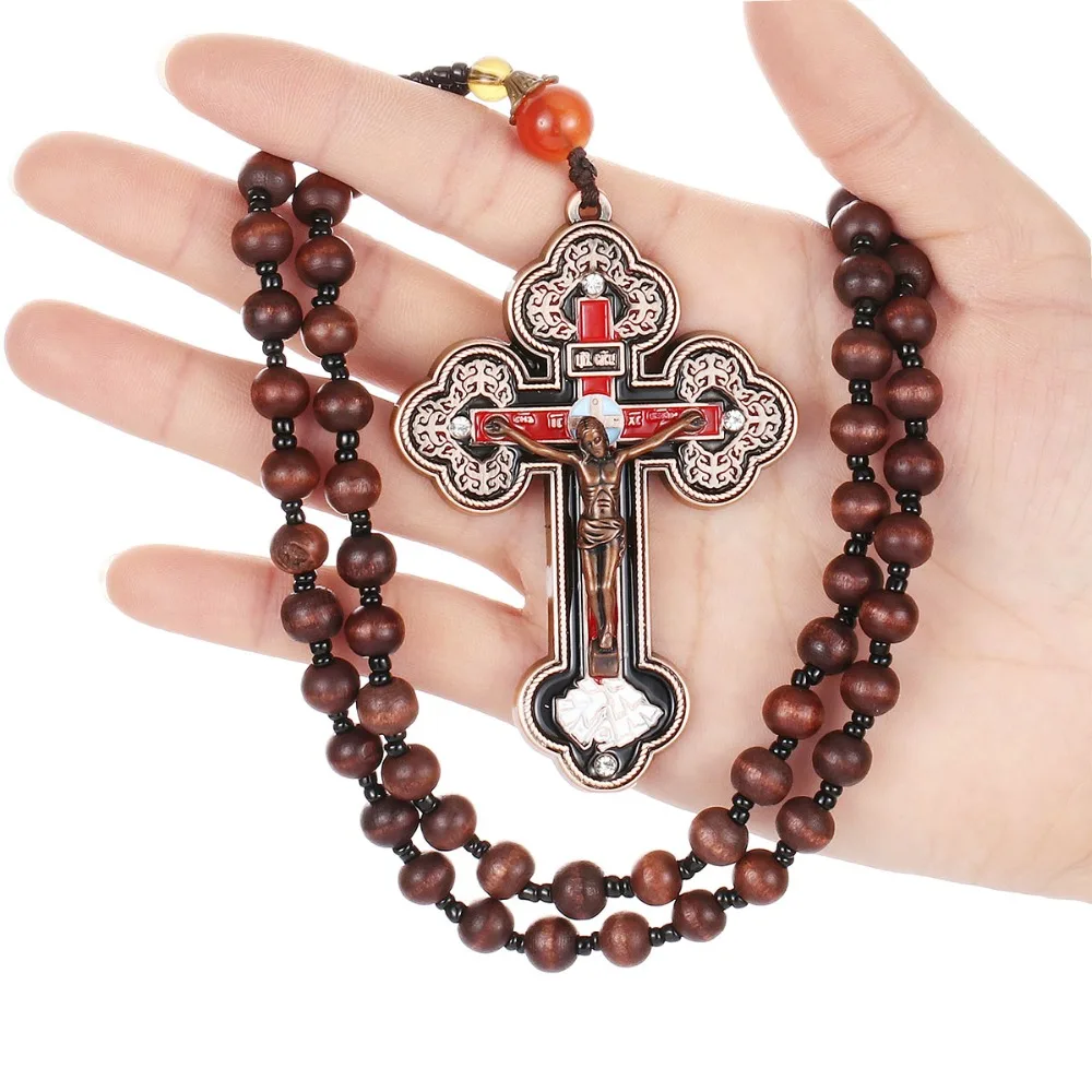 Orthodoxe große Kruzifix Jesus Kreuz Anhänger Halsketten für Männer Frauen Rosenkranz Halskette Holz Perlen Ketten religiöse Gebet Schmuck – Detail 7