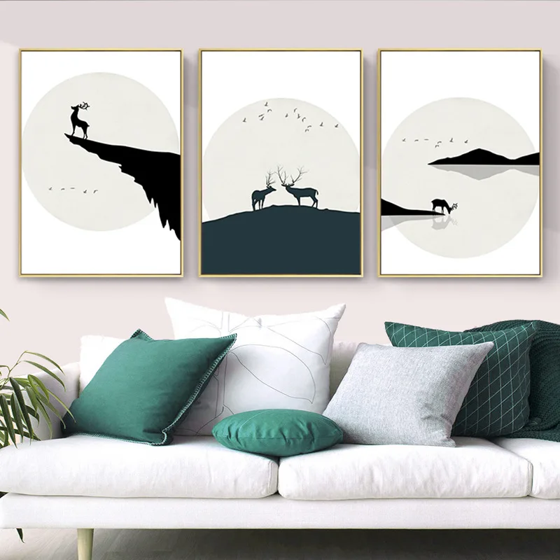 Wall Art Painting Triptych Living Room Fortune Tree Point Drill Cross Stitch Bedroom Simple European Elk Charm Home Decoration