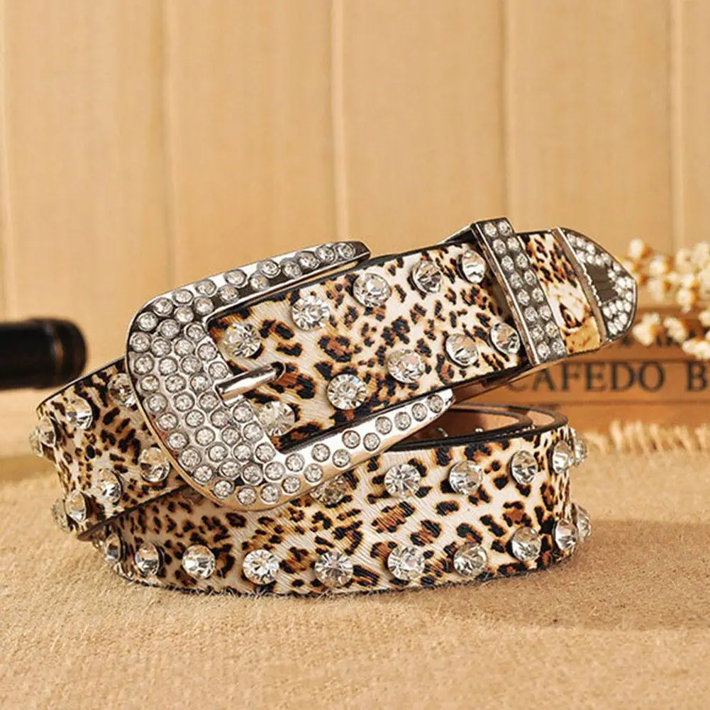 Fashion Women Leopard Rhinestone Inlaid Soft Faux Leather Belt Buckle Waistband Cowgirl Waist Belt Metal Buckle Waistband