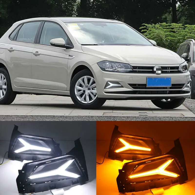 2PCS LED Daytime Running Light For For Volkswagen Polo 2018 2019 Dynamic Yellow Turn Signal 12V DRL Fog Lamp Decoration