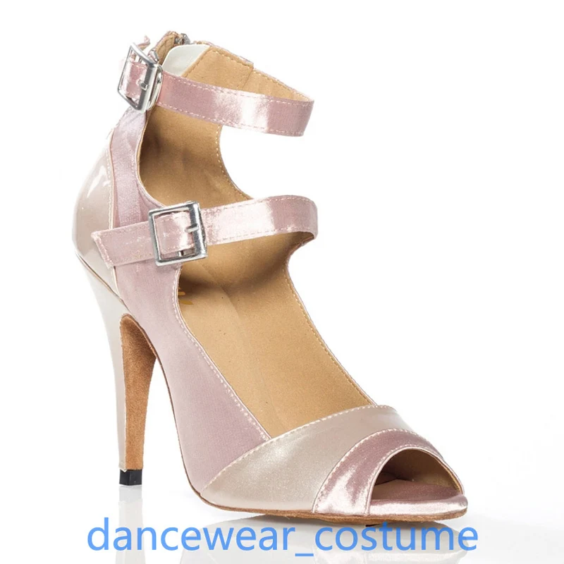 Scarpe da ballo salsa tango latino in raso da donna Scarpe da donna per ragazze Beige Rumba Jazz Sandali con tacco alto con suola in morbida pelle scamosciata US5-9