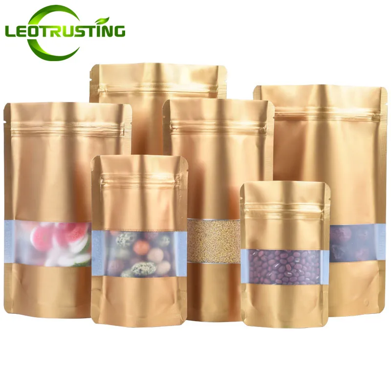 100PCS Stand Up Matte Gold Aluminum Foil Window Ziplock Packaging Bag Resealable Coffee Snack Candy Fish Feed Srorage Pouches