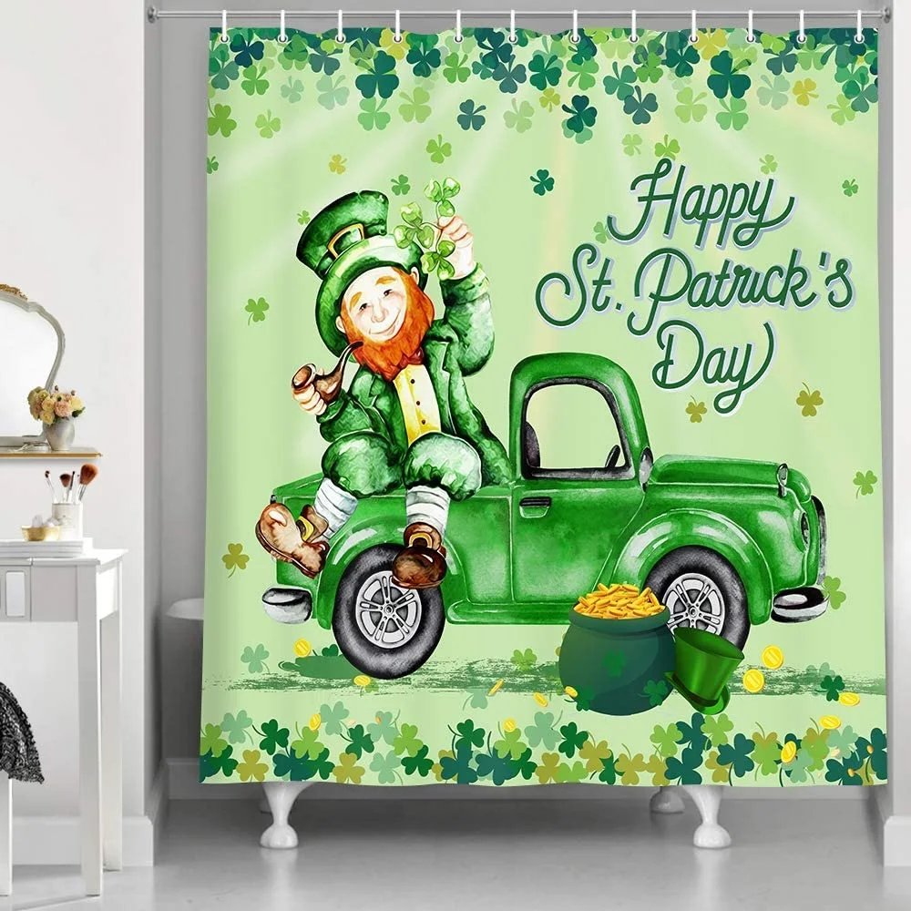 St. Patrick's Day Green Shower Curtain, Watercolor Dwarf Elf Sitting on a Retro Pickup Car with Lucky Clover Background Decor