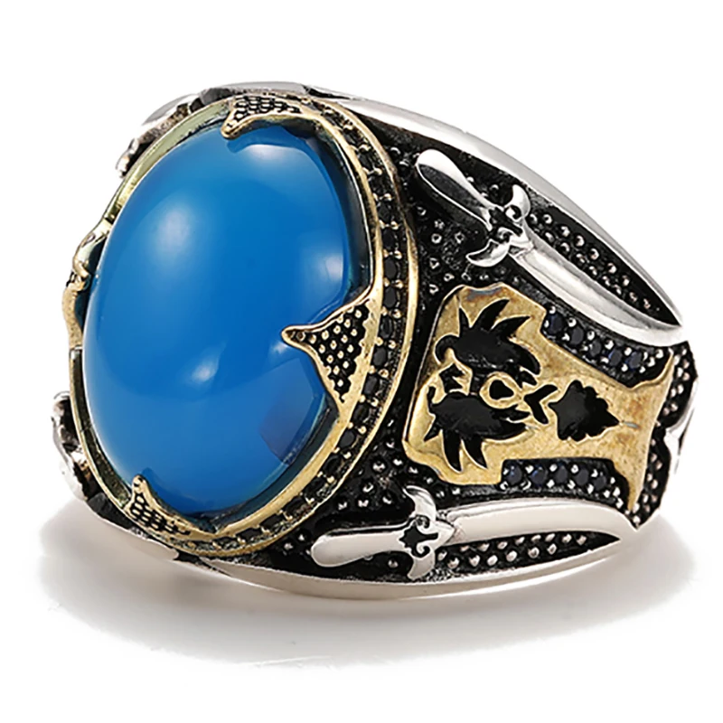 Classic Hot Sale Ghost Double Sword Blue Stone Rings for Men Fashion Charm Jewelry Gift