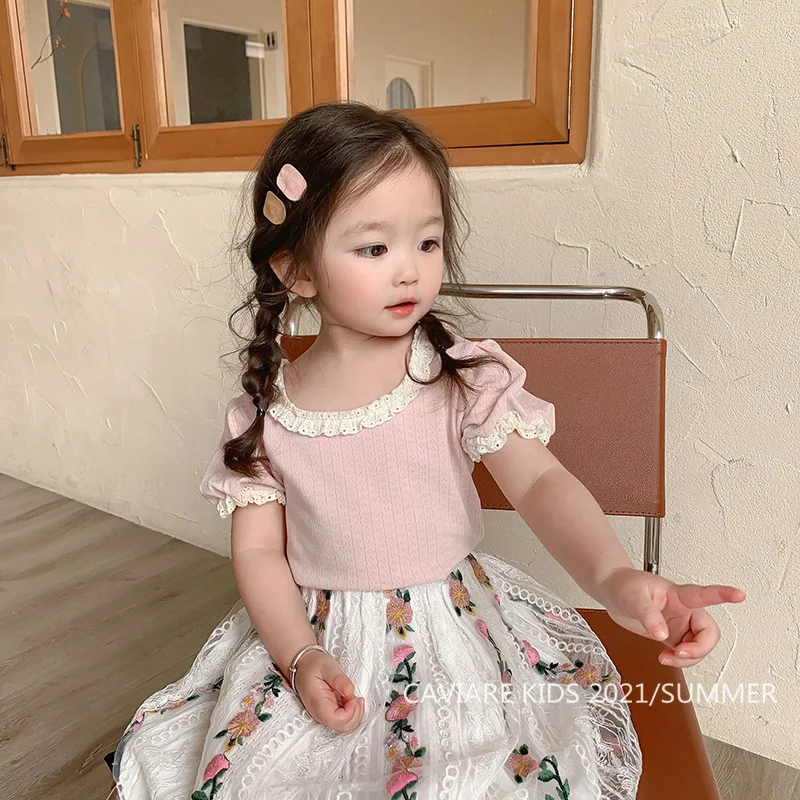 Sweet Lace Shirt for Girls Clothes Summer Thin Breathable Cotton Kids Shirt Toddler Mesh Blouse Children t Shirt Teenager Tops