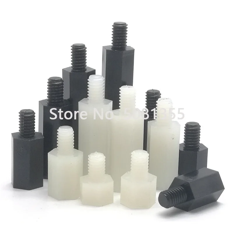 Vis d'espacement en plastique pour carte mère PCB, 20 pièces, 50 pièces, M2 M2.5 M3 M4 * L + 6mm, filetage blanc noir, pilier d'espacement fixe en Nylon