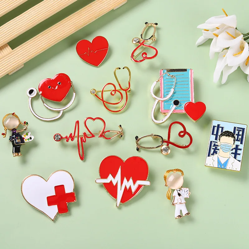 Creative Fun Medical Equipment Enamel Brooch Red Heart Stethoscope ECG Boy Girl Doctor Alloy Pins Punk Jewelry Gift For Friends