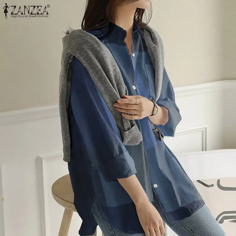 Women Kaftan Long Sleeve Blouses ZANZEA Casual Loose Work Shirt Pockets Asymmetrical Chemise Autumn Plaid Tops