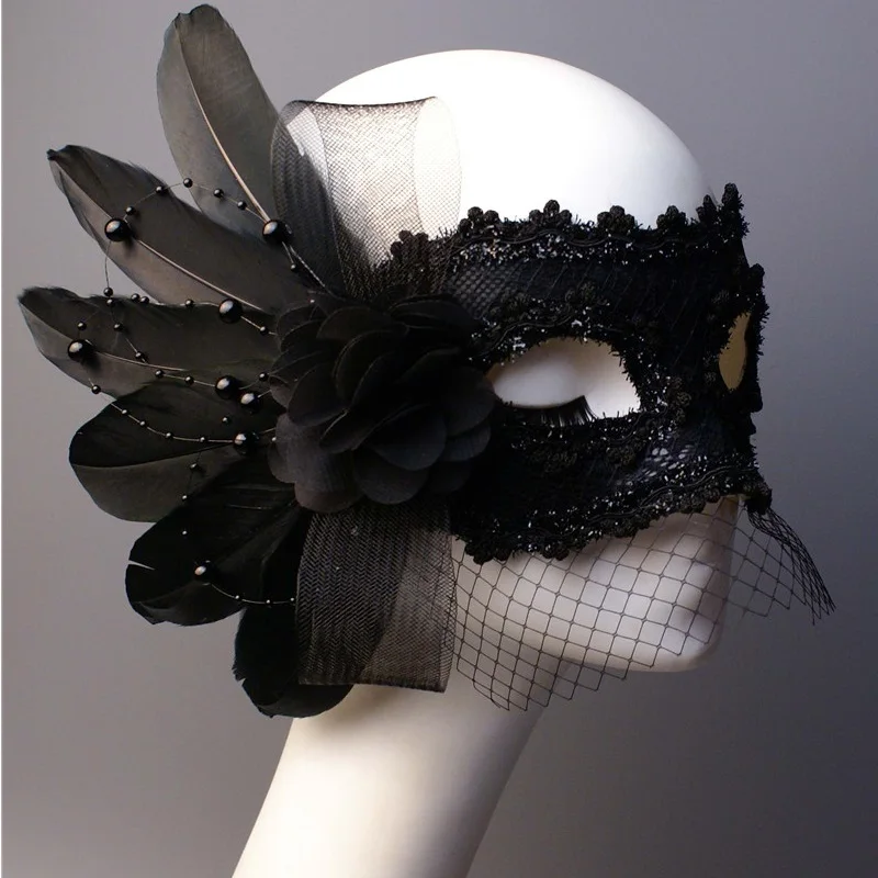 Lace Feather and Flower Masquerade Masks, Black and White Beauty Mask, Princess Halloween Mask