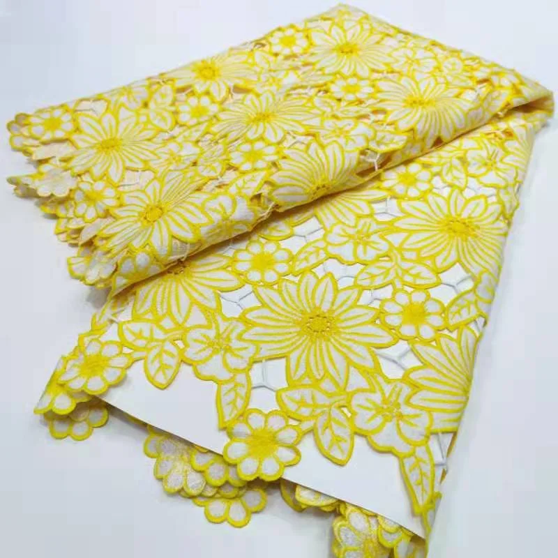 

Yellow African Cord Lace Fabric High Quality Water Soluble Nigerian Guipure Cord Lace For Wedding