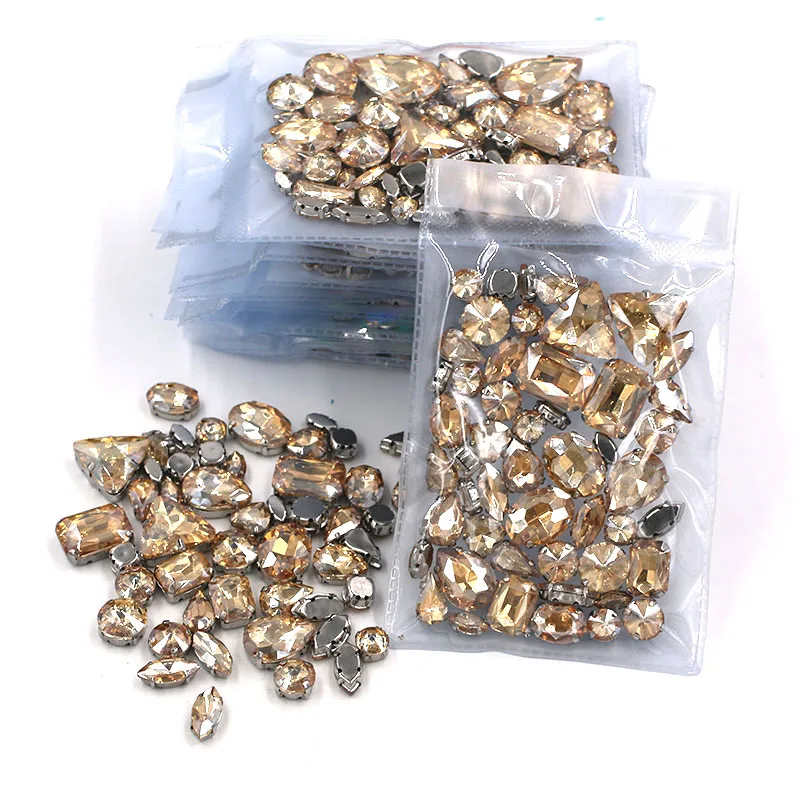 Wholesale 5 bags Champagne mixed shape rhinestones glass crystal sew on rhinestones whth sliver base claws diy clothing