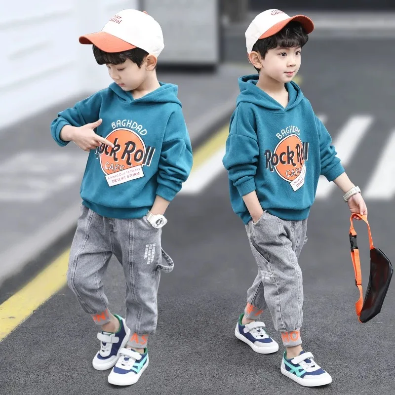 

New Children's Sports Clothing Set Boy's Hooded Sweatshirt Coat + Jeans Pants 2 Pcs Spring Fall Korean Students Tracksuit X504