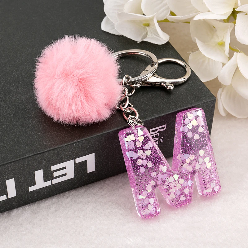 1PC Keyring Pink Color English Letter Keychain with Puffer Ball  26 English word Glitter Resin A TO Q Handbag Charms for Woman - view 2