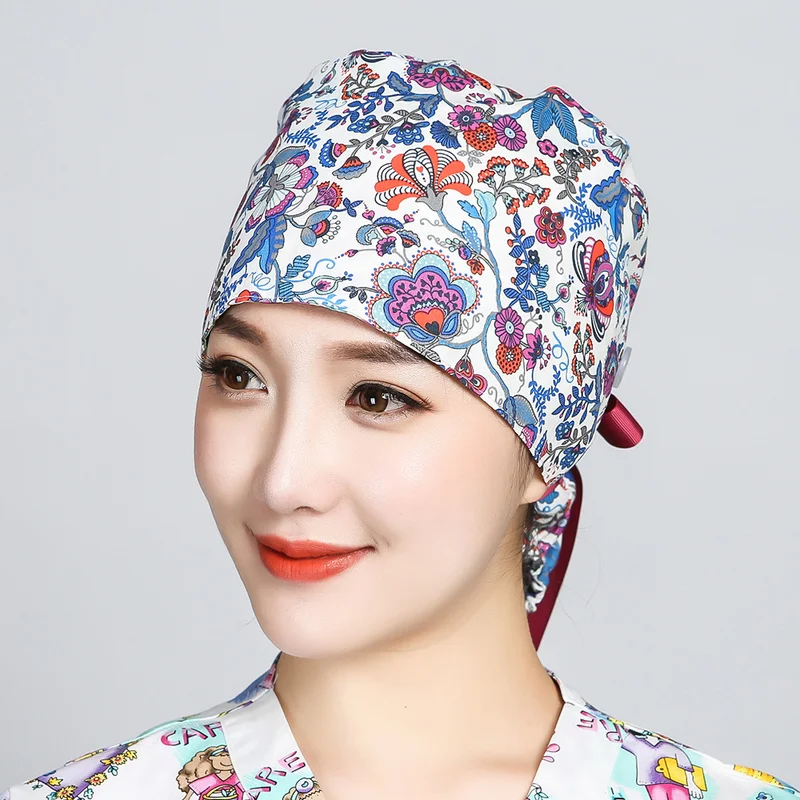 Printed Scrubs Caps With Buttons Ribbon Bandage Cotton Sweatband Hats for Long Hair Adjustable Nursing Workwear Hats Accessories