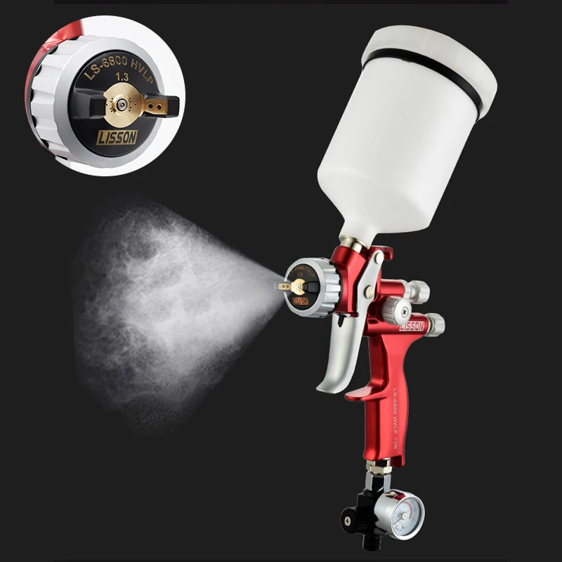 Spray gun with pressure gauge Red gravity paint spray gun 1.3mm nozzle with 14 holes high atomization 600cc cup  spray gun tool