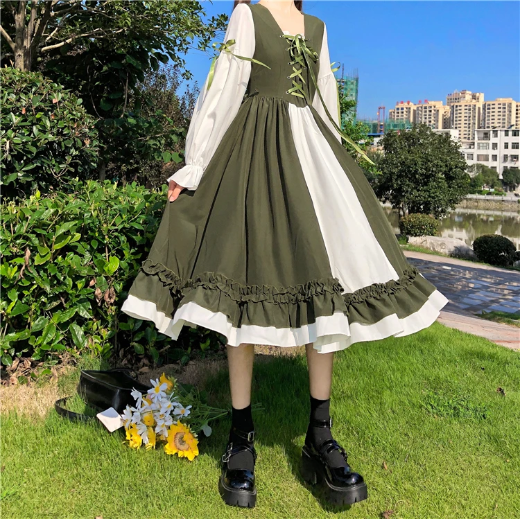 Robe lolita à lacets pour femme, vêtement à volants, taille haute, mode japonaise, col de marin, manches lanterne, kawaii, automne