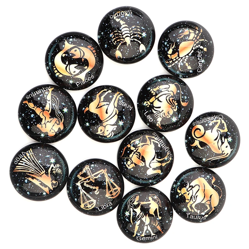 10pcs Twelve Constellations English Notes Pattern 10/12/14/18/20/25mm Round Dark Glass Cabochon For DIY Jewelry Making Necklace