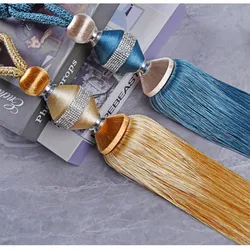 2Pcs Diamond Ball Curtain Long Tassel Brush Tower Straps Tiebacks Hanging Bind Ropes Buckle Holder Curtain Accessory Tieback