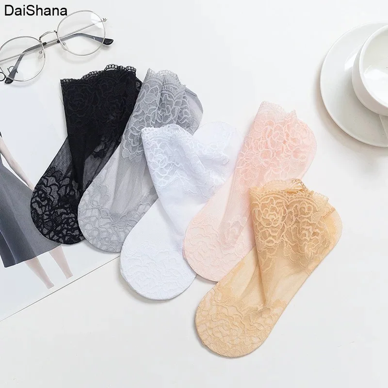 5Pairs/lot Silk Socks Women Embroidery Crew Cotton Colorful Thin Skin Women Sock Elasticity Ankle Net Yarn Thin Women Cool Socks