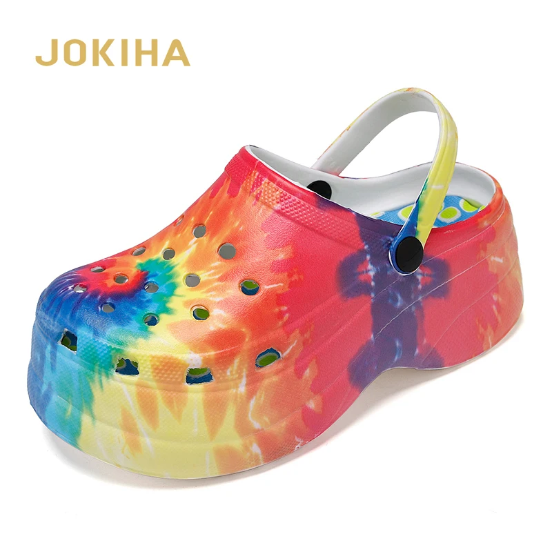 JOKIHA Platform Clogs Women Rainbow Print Height Increasing Fashion 5 CM High Heel Mule Garden Clogs Women\'s Sandals