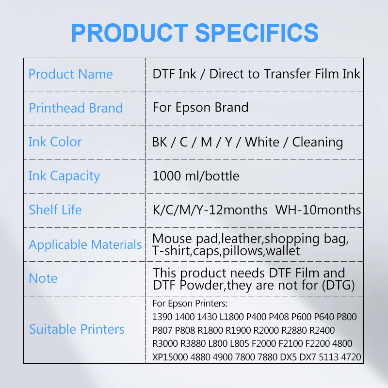 OCB DTF Ink 1000ML Direct to Transfer Film Ink For Epson Printhead i3200 XP600 TX800 L1800 1390 L805 All DTF Ink Printer Regular