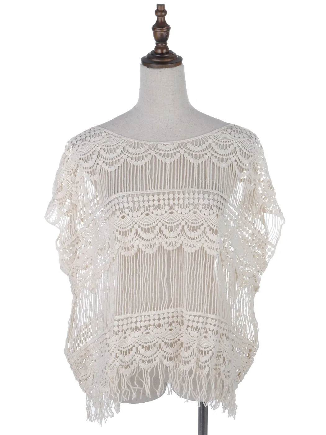 Fit Beige Scallop Pattern Crochet Fringe Hem Dolman Sleeves Top Elegant Sleeveless Women Blouse