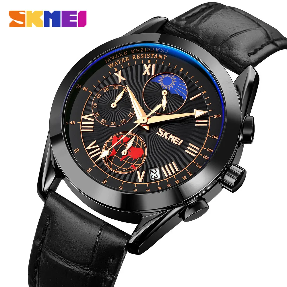 

SKMEI Business Elite Men's Watches Moon Phase Stopwatch Creative Quartz Watches Leather Luxury Mens Wristwatch Relogio Masculino