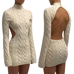 hirigin New Women Close-fitting Sexy Backless Knitted Dress Beige Solid Color Turtleneck Long Sleeve Pullover Tops Slim Dress