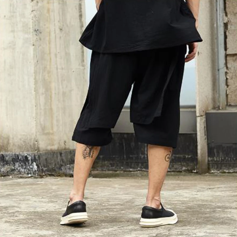 Men's pants summer relaxed casual cotton linen shorts men double patchwork shorts skirt suit hip-hop yamamoto style