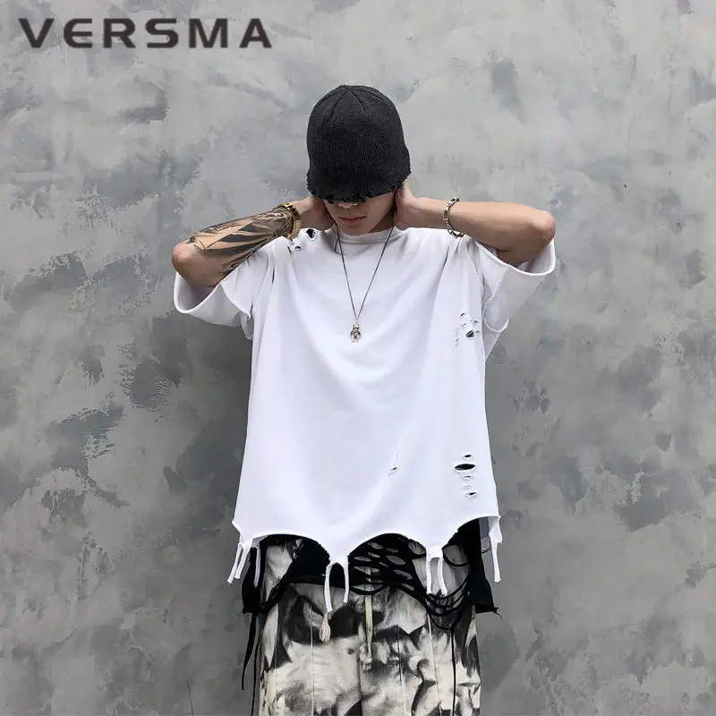 

VERSMA Hip Hop Streetwear Ripped Oversized T Shirt Men Japanese Harajuku Kpop Gothic Rock Punk Plain T-shirt Women Dropshipping