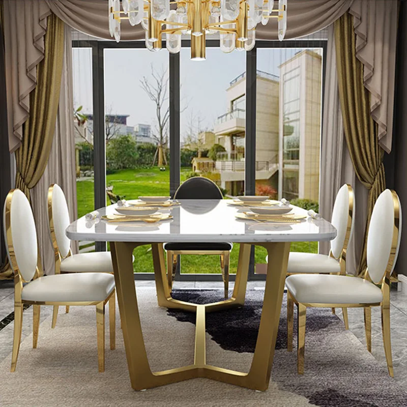 Nordic marble dining table chair combination lightweight stainless steel gold plated table rectangular table