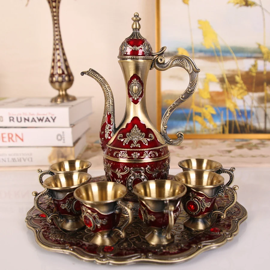 8 Pcs Tableware Set 1*Teapot 6*Cup 1*Tray Tea Set Vintage Retro Europen Style For Cabinet Ornament Kitchen Arabic Coffee Cup Set