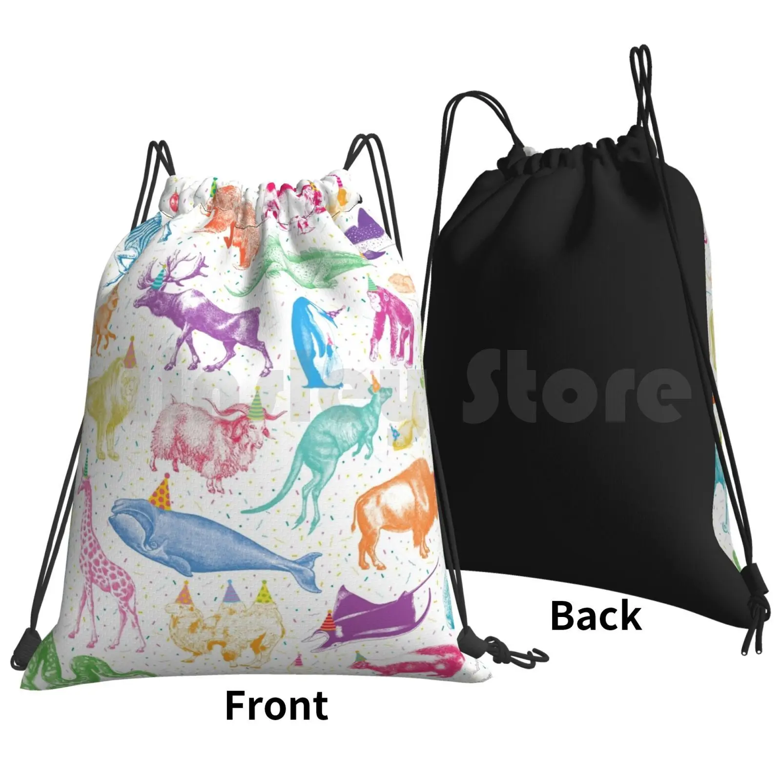 Party Animals Backpack Drawstring Bag Riding Climbing Gym Bag Party Animals Confetti Shark Giraffe Turtle Monkey Gorilla