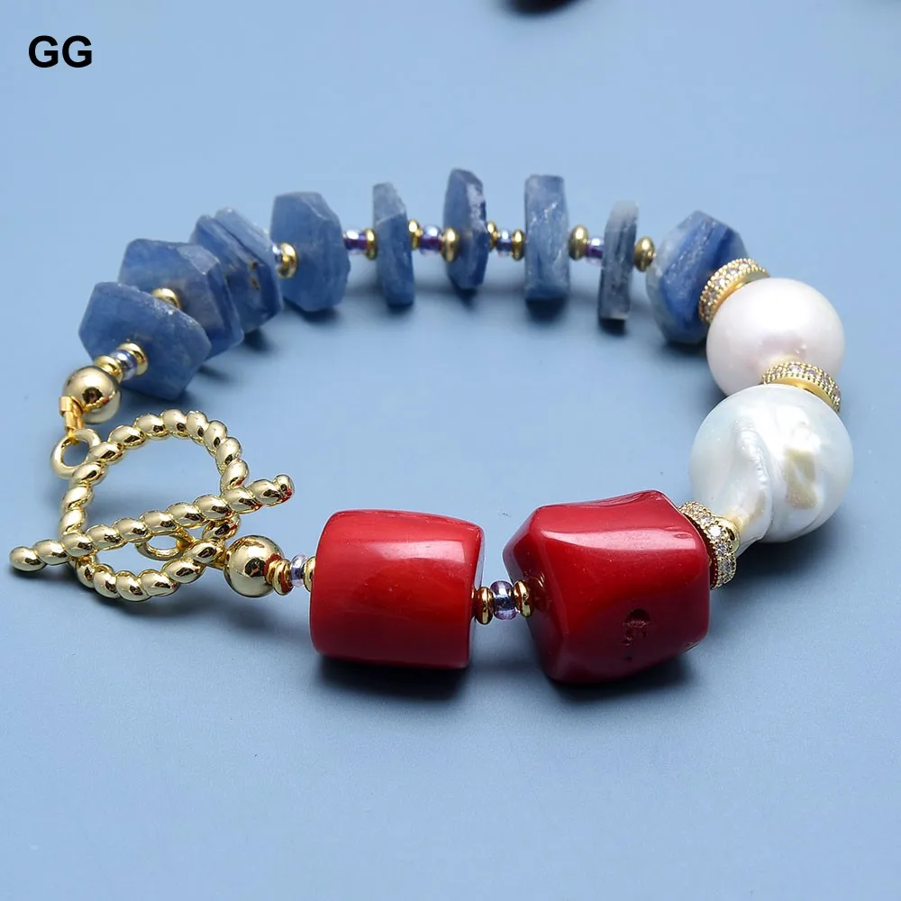 Imagem -02 - Guaiguai Jóias Cultivado Branco Barroco Keshi Pérola Azul Kyanite cz Vermelho Coral Pulseira Artesanal para Senhora Jóias