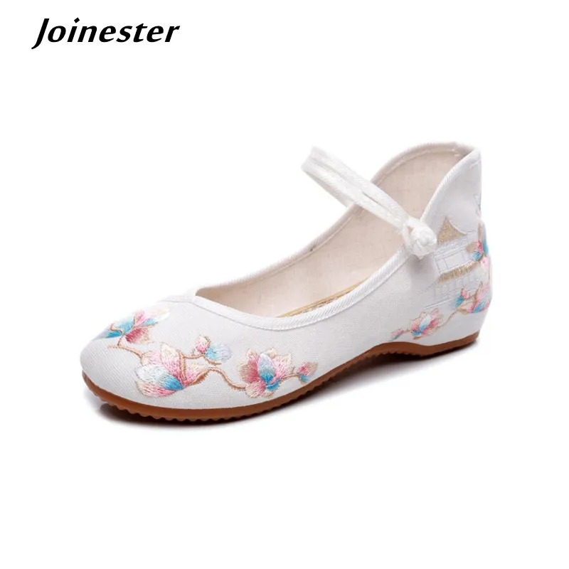 Summer Women Cotton Fabric Low Heel Pumps Floral Embroidered Mary Jane Dress Shoes for Ladies Round Toe Canvas Casual Espadrille