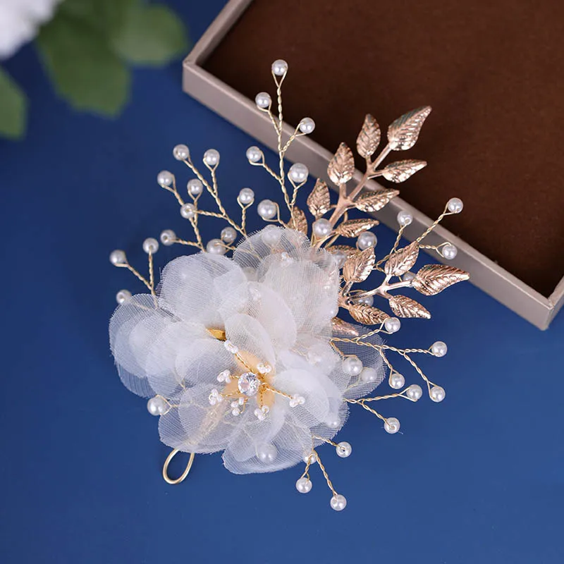 Pin Rambut Bunga Elegan Benang Renda Putih Bunga Daun Emas Jepit Rambut Mutiara Headpieces Pernikahan Aksesoris Rambut Pengantin LL @ 17