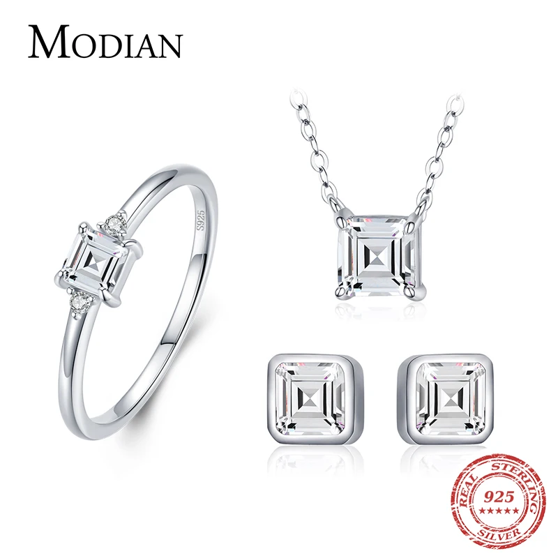 Modian 100% Real 925 Sterling Silver Classic Emerald cut Sets Clear CZ Shining Rings For Women Jewelry Necklace Fashion Earring