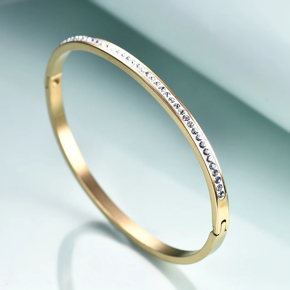 Simple Plain Design Wire Bangle Stainless Steel Pave One Row Clear Crystal With Wire Bracelets Bangles