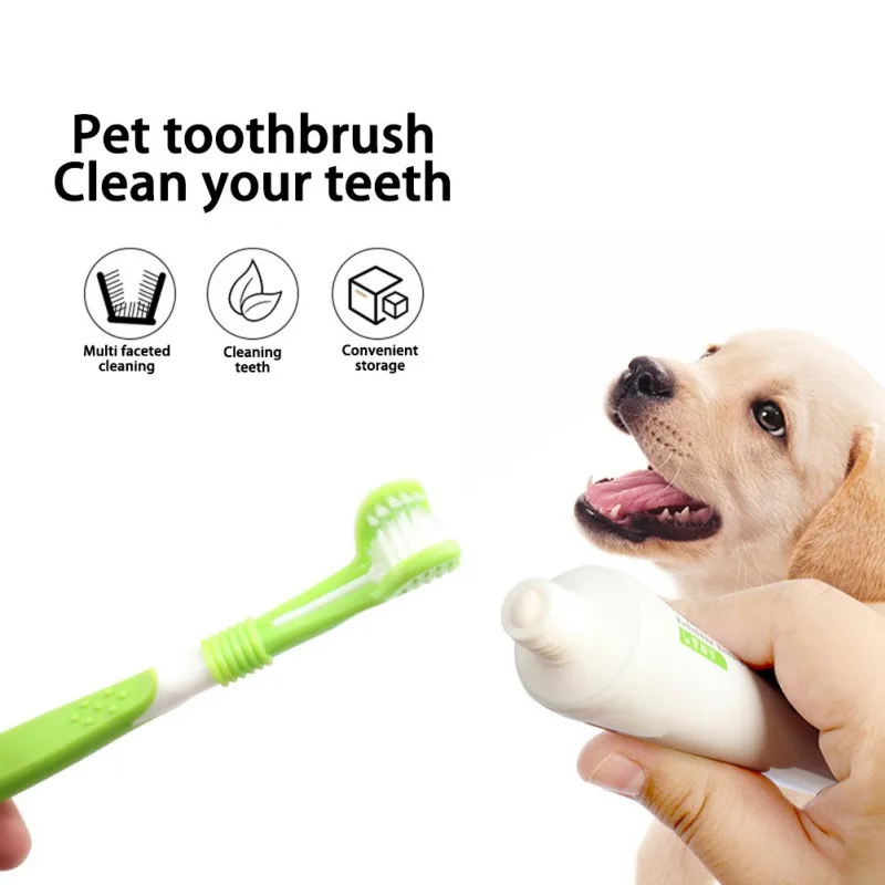 Pet Three-Head Toothbrush Prevent Bad Breath Tartar Multi-angle Dog Cat Mouth Cleaning Toothbrush with Anti-slip Strips Handle