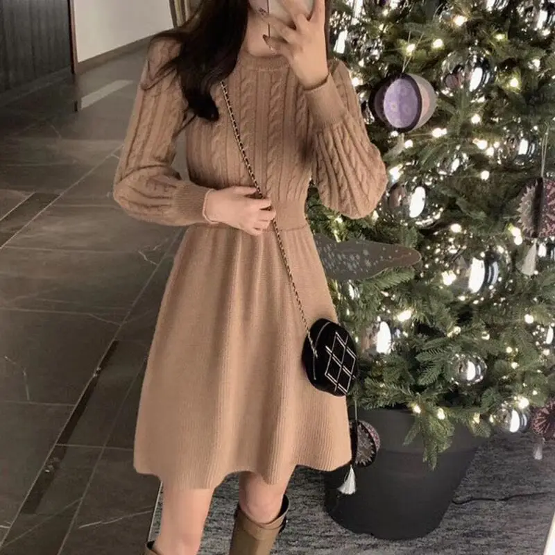 Korean Sweater Dress Women Autumn Winter O Neck Long Sleeve Knitted Mini Dress Casual Dress Female Vestidos