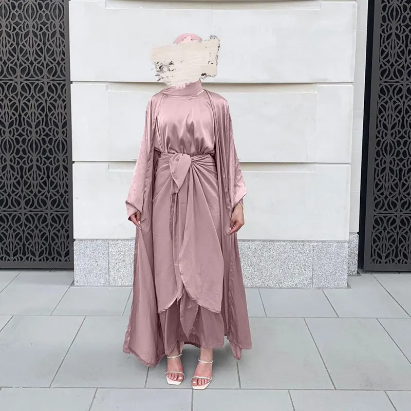 

Satin 3pcs Maxi Dress Sets Matching Suit Women Fashion Elegant Muslim Abaya Kimono Inner Dress Wrap Skirt Apron Chiffon Scarf