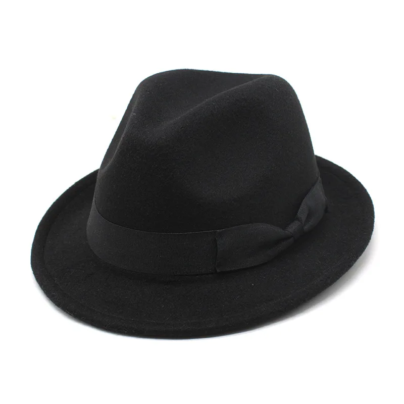 Women Bow Chain Fedora Hat Men Short Brim Wool Felt Jazz Fedora Hats Elegant Panama Trilby Cap wholesale