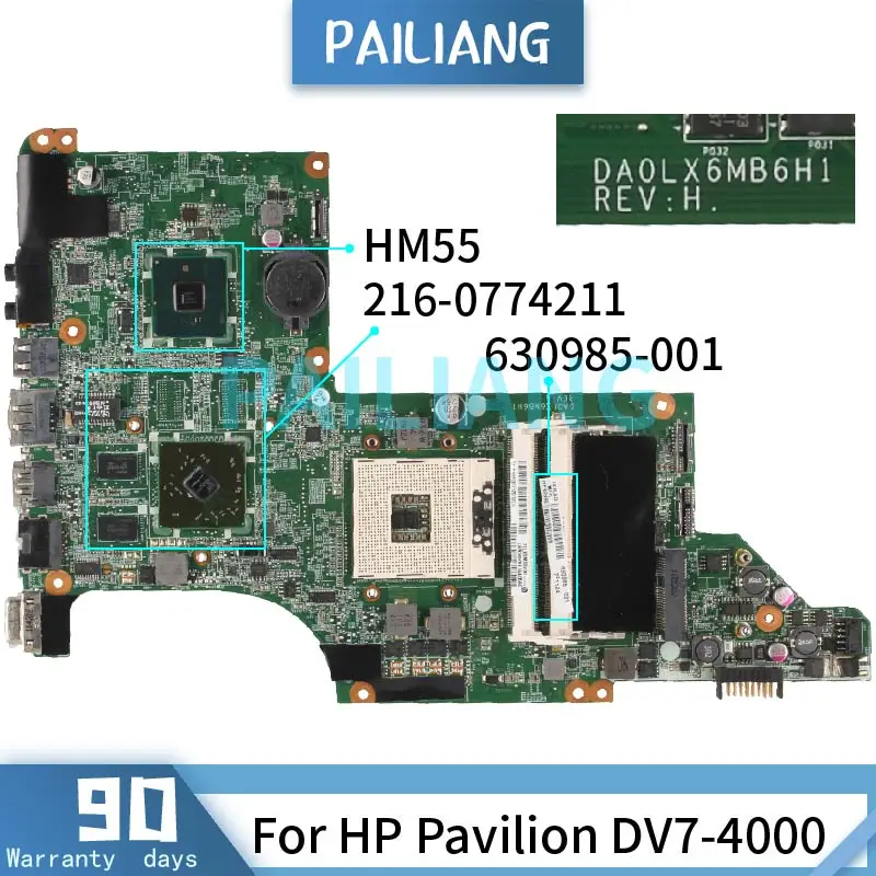 PAILIANG Laptop motherboard For HP Pavilion DV7-4000 Mainboard DA0LX6MB6H1 630985-001 HM55 216-0774211 tesed DDR3