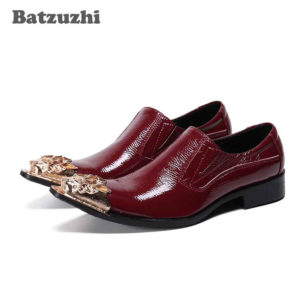 

Batzuzhi Chaussures Hommes Формальные мужские туфли Кожаные золотые металлические наконечники Деловые винно-красные свадебные и вечерние туфли Мужские, большой размер US6-12