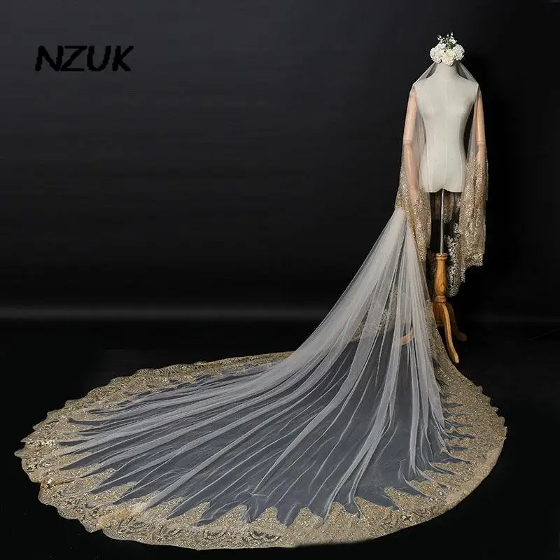 NZUK ลูกไม้ขอบเจ้าสาวหรูหรา2ชั้นแต่งงาน Wedding Veils Long Velos De Novia อุปกรณ์จัดงานแต่งงาน