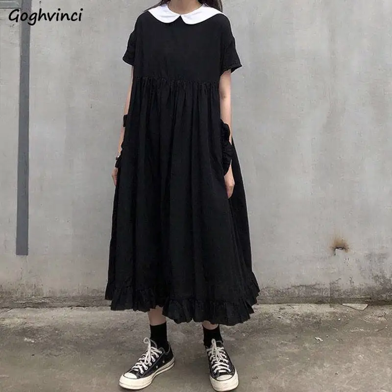 Short Sleeve Dress Women Peter Pan Collar Ankle-length Black 4XL Sweet Harajuku Girls Loose Summer Kawaii Pleated Long Trendy