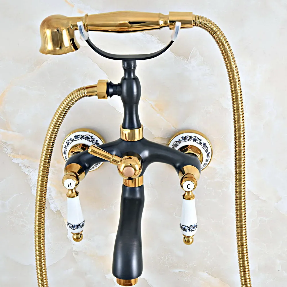 

Black Gold Color Brass Wall Mount Bathroom Tub Faucet Dual Ceramic Lever Telephone Style Hand Shower Clawfoot Tub Filler ana441