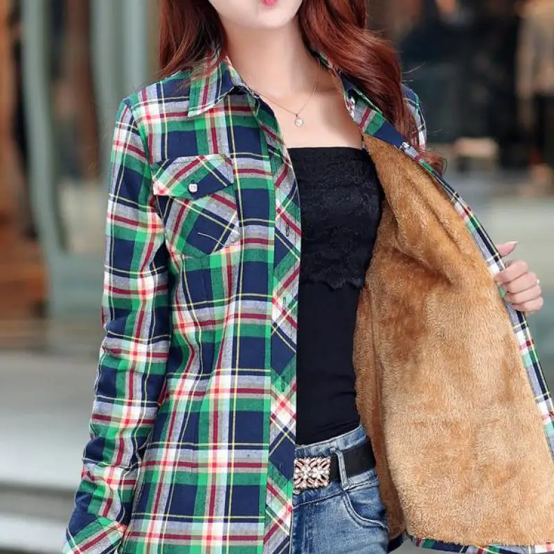 Autumn Winter Clothing New Korean Version Of The Plaid Plus Velvet Women Blouse Thick Warmth Slim Sweet Ladies Shirt