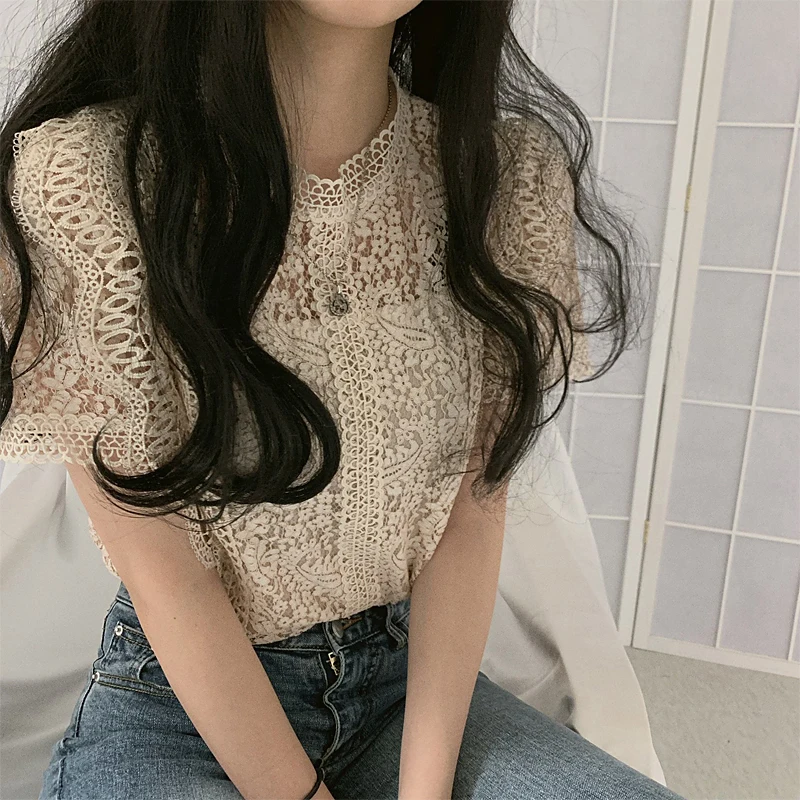 High Quality Summer Elegant White Lace Blouse Shirt Women Short Sleeve Sexy Streetwear Hollow Out Embroidery Blouses Autumn Tops