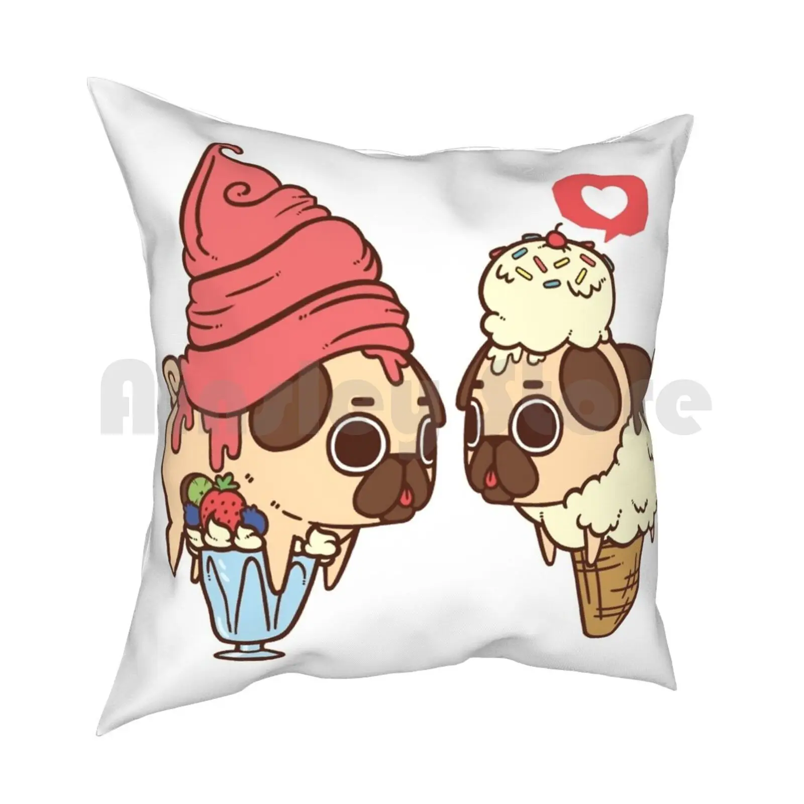 Puglie Froyo And Ice Cream Pillow Case Printed Home Soft Throw Pillow Pug Pugs Food Yoghurt Ice Cream Puglie Cute Funny